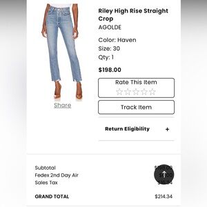 Agolde Riley high rise crop denim jeans 30